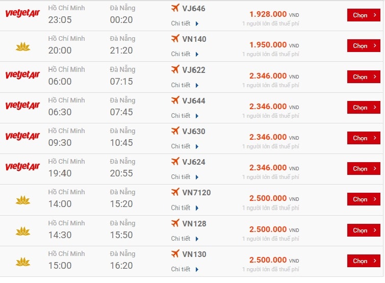 Bảng giá vé máy bay chặng TPHCM - Đà Nẵng trên websites Gia Trần